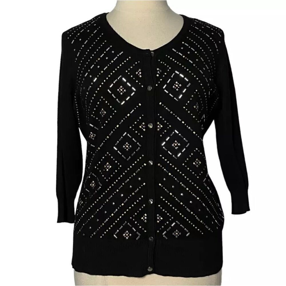 JM Collection Women Sweater Cardigan 3/4 Sleeve Button Front Studded Front